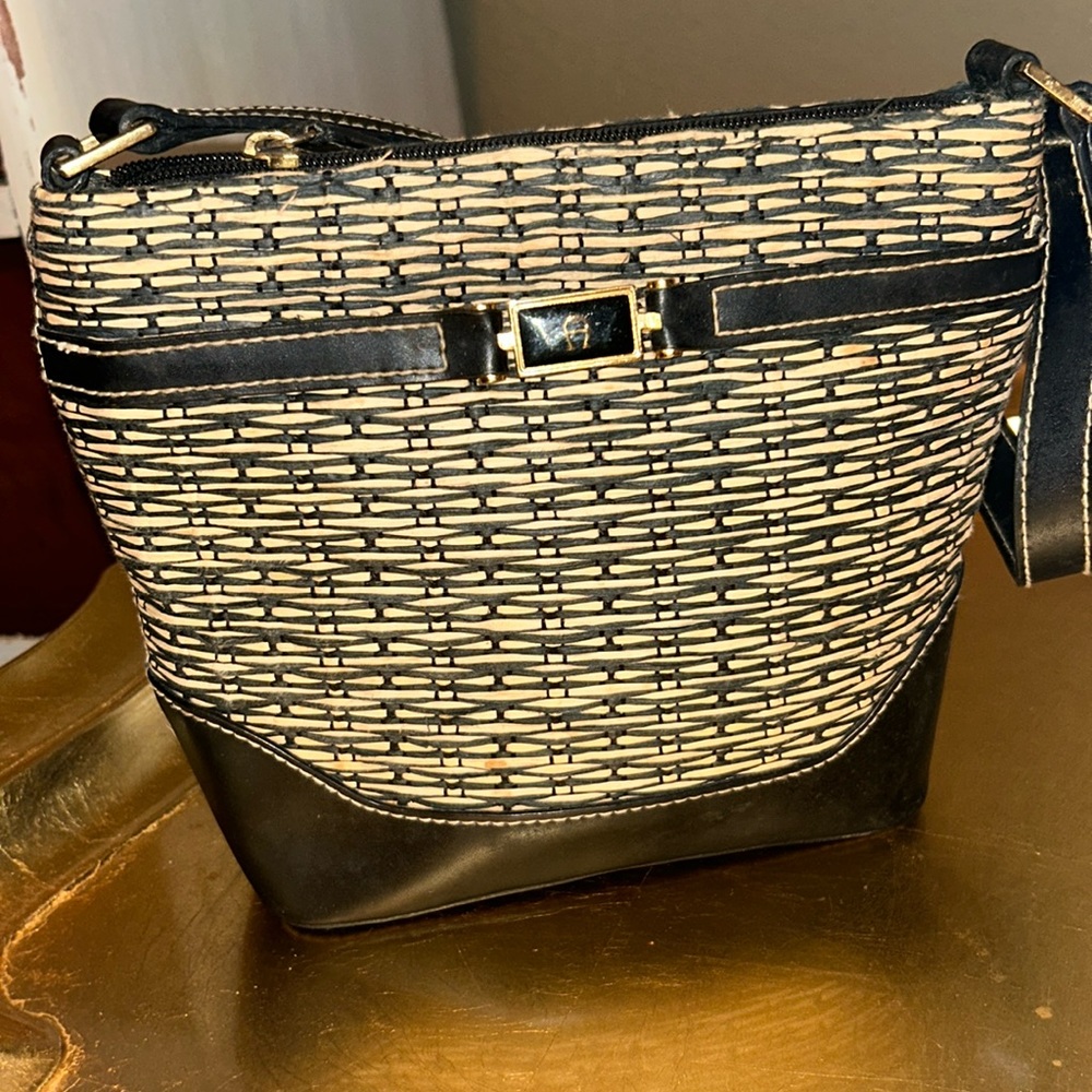 Etienne Aigner Vintage small woven Jute and black leather handbag good condition